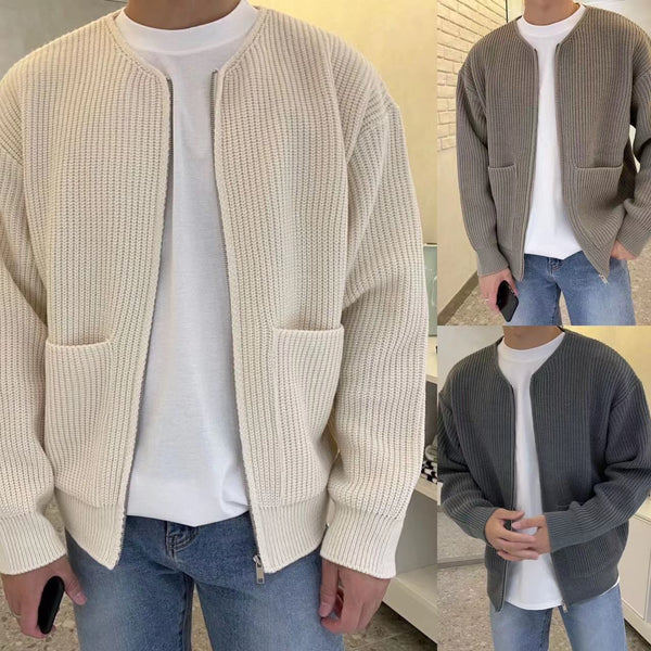 Long Sleeve Funnel Neck Men Zip Up Knitted Cardigan