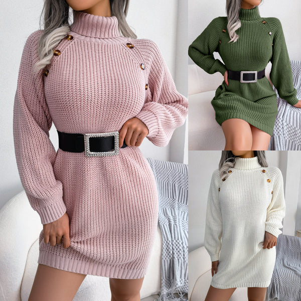 Long Turtleneck Buttoned Sweater Dress